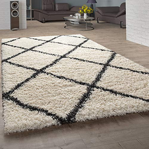 Paco Home Morbido tappeto a pelo lungo Shaggy per soggiorno in stile scandinavo con motivo a rombi, Dimensione:160x220 cm, Colore:Crema