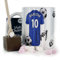 Personalised Mug and Belgian Milk Chocolate/Hot Chocolate Stirrer Marshmallow Gift Set, Customised with Name / Number / Text, (11oz) White, Yellow, Blue, Black, Pink Mug with Blue Football Shirt