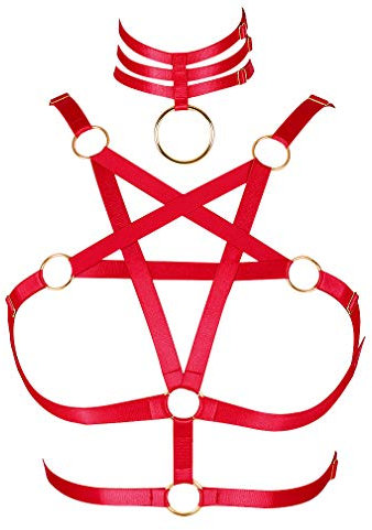 PETMHS Frauen Riemchen Harness BH Punk Pentagramm Körper Brust Bandage Dessous Aushöhlen Rahmen Crop Tops Bralette Plus Size Taille Strumpfgürtel Set Goth Rave Halloween Kleidung (rot)