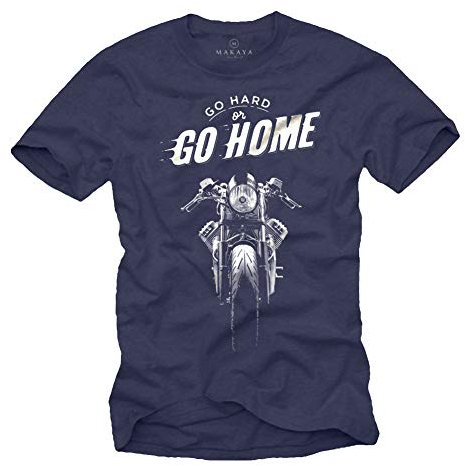 Vintage Cafe Racer T-Shirt - Motorrad Shirt mit Spruch - Go Hard or Go Home Moto Blau XL