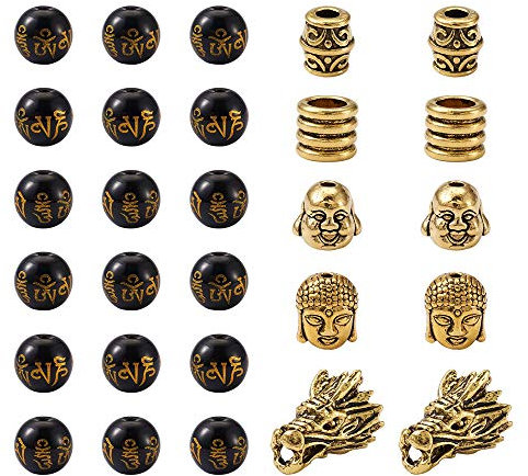 Cheriswelry Lot de 155 perles d'espacement en vrac pour la fabrication de bijoux et bracelets - 6 styles - Tête de Bouddha - Tête de dragon - Colonne - Pour la fabrication de bijoux et de bracelets