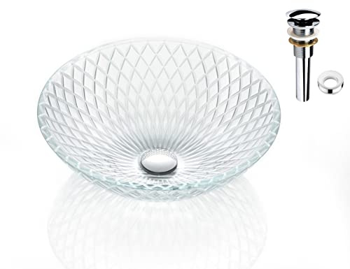 Fanwin Star Diamon Rhomb Translucidus Series Tempered Deco Glass Luxuryhome Bathroom Sink in Crystal engraving Elegant | Top Mount Basin | Vanity Countertop Sink Bowl with Pop Up Drain | FW-LA659