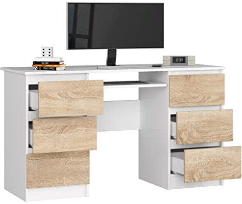 Schreibtisch Computertisch mit 6 Schubladen und Einer ausziehbaren für die Tastatur. Desktop- oder Laptop-Computer, 135x77x50