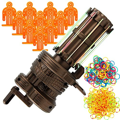TIETHEKNOT Gatling Rapid Burst Rubber Band Toy Gun - 10 Targets, 200 Fluorescent & Color Bands