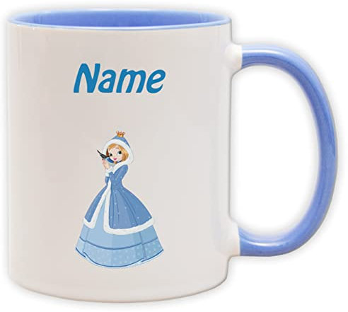 Texmacher Kindertasse - Becher mit personalisiertem Namen und Motiv - Spülmaschinenfest und beidseitig bedruckt (Eisprinzessin_Henkel&Innen_Blau)