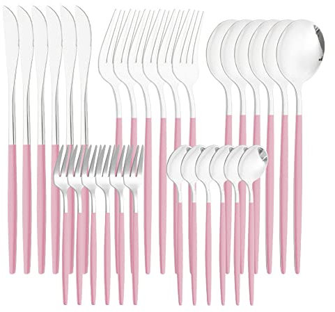 Jorzer Set d'argenterie Ensemble de Vaisselle Ensemble de Couverts en Acier Inoxydable Couteau à Couverts en Argent Couteau à Couverts et Ensembles de fourchettes à Couverts (Rose) 30pcs