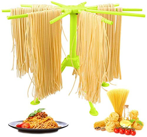 Pasta Drying Rack Collapsible, Fresh Noodles Hanging Stander, Household Pasta Drying Tool for Kitchen, Foldable Plastic Noodles Stander Spaghetti Holder Stand with 4 Legs and 10 Arm Handles (Green)