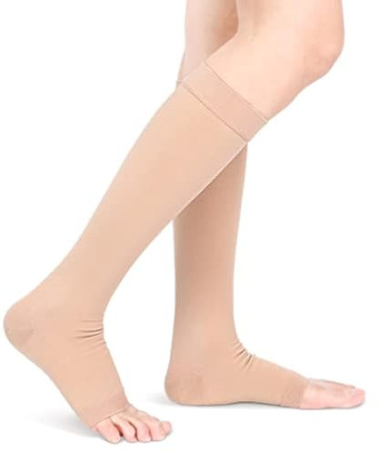 Calcetines de Compresión para Hombres Y Mujeres, Medias de Compresión de Vuelo con Punta Abierta, 20-30 MmHg Soporte Graduado Rodilla Mangas de Compresión hasta la Pantorrilla(L Piel)