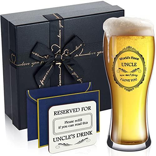 Patelai Beer Glass Gifts Set for Father's Day 450 ml World's Finest Pint Beer Glass Birthday Presents with Solid Wood Coaster Greeting Card for Dad Grandad Uncle Christmas Father's Day Gifts(Uncle)