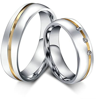 ANAZOZ Parrringe Personalisierte, Trauringe mit Gravur für Paare Edelstahl mit Zirkonia Weiß Bandring Silber 6mm Größe 49 bis 67