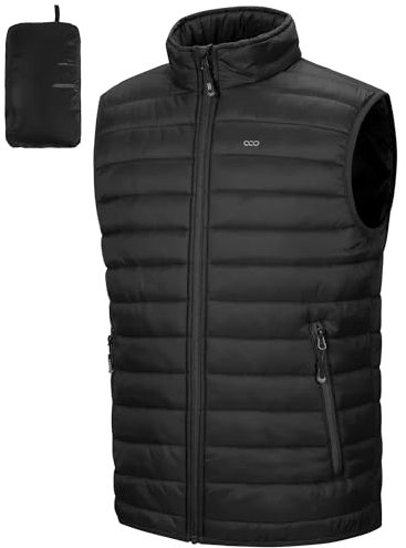 33.000ft Chaleco acolchado para hombre al aire libre, plegable, con forro, chaleco deportivo híbrido con cuello alto, chaqueta sin mangas, chaleco de transición para hombres, correr, Negro , XXL