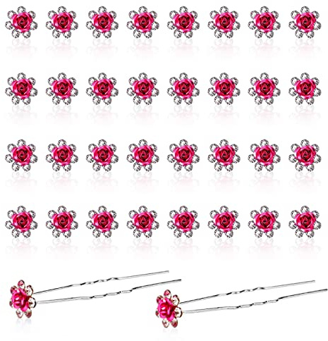40 Pezzi Forcine per Capelli a Forma di U, Forcine da Sposa Con Rose, Rermagli per Capelli da Sposa con Fiore di Diamante Accessori per Capelli per Donne e Ragazze da Sposa (Fucsia)