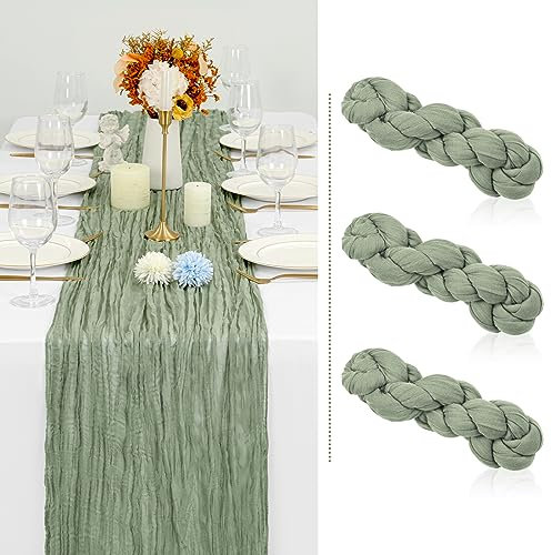 Showgeous 3 Stück Käsetuch Tischläufer Salbeigrün, 90 x 300 cm Tischläufer Boho Style Rustikaler Seihtuch Gaze Stoff Tischdekoration für Vintage Hochzeit Geburtstage Babyparty Urlaub Party