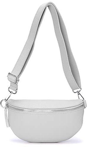 Ever Bloom Unisex Leder Brusttasche Bauchtasche, Mode Hüfttasche, Made in Italy, Umhängetasche Sattel Crossbag, Mittelgross Ledertasche für Festival und Urlaub, Tasche Farben:Hell Grau Klein