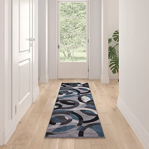 Masada Masada Teppiche, Thatcher-Kollektion, Akzent-Teppich mit ineinandergreifendem Kreismuster in Blau/Grau mit Olefin-Oberfläche und natürlicher Jute-Rückseite, 60 x 200 cm