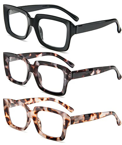 MMOWW 3-Pack Reading Glasses for Women - Blue Light Blocking Stylish Oversize Square Frame Anti Glare Digital Eyestrain Ladies Reader (Black + Brown Grey Tortoiseshell + Tea Tortoiseshell, +1.5)