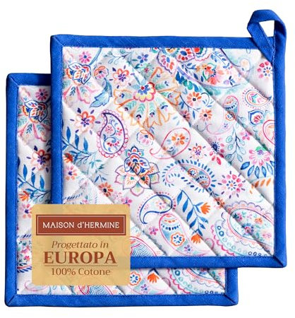 Maison d' Hermine Casseroles, 100% coton, résistant à la chaleur, lot de 2 hotpads avec boucle pour la cuisson, griller, micro-ondes, fleurs indiennes, printemps/été (20 cmx20 cm)