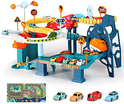Redcrab Circuit Voiture Enfant,Circuit Voiture Electrique avec 4 Voitures de Jouet et Railsde Piste Course Dinosaure pour Garçons et Filles de 3 à 14 Ans Cadeau d'anniversaire Vacances