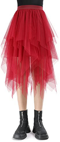Tüllrock Damen Lang 80CM Elastische Tüll Rock Unregelmäßiges Netz Täglich, Abschlussball, Party(Taillenumfang: 60-78cm, Rot)