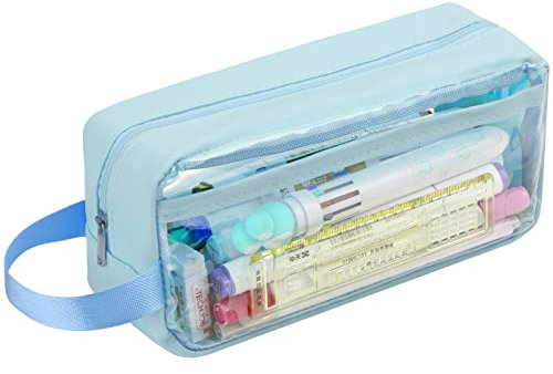 Hoinya Clear Pencil Case, Waterproof PVC Toiletries Storage Pouch Bag – Suitable for Stationery, Cosmetic, Makeup, Travel & Office Supplies (Blue)