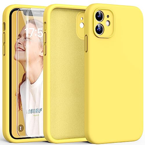 HATOSHI 3-in-1 für iPhone 11 Hülle mit Umhängeband und 2 Stück Schutzglas, Flüssig Silikon Anti-Rutsch Kratzfestes Stoßfest Handyhülle für iPhone 11 Schutzhüll, Gelb