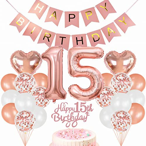 Conruich Geburtstagsdeko 15 Jahre Mädchen, Luftballon 15. Geburtstag Deko, Rosegold Tortendeko Geburtstag 15. Mädchen, Ballon 15 Geburtstag Mädchen, Happy Birthday Banner Deko 15 Geburtstag Mädchen