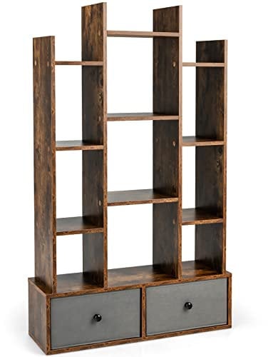 CASART Tree-Shaped Bookshelf, Wooden Bookcase with 1/2 Drawers, 7/12 Cubes & Anti-Tipping Device, Floor Standing Display Shelf for Living Room Bedroom Office (Rustic Brown, 12 Cubes + 2 Drawers)