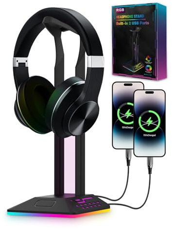 KALAHOL Support de Casque RVB, Accessoires de Jeu, Support de Casque avec 2 Ports USB et 1 Port de Type C, Support de Casque LED Cool pour PC Gamer, Accessoires de Casque pour Tous Les écouteurs