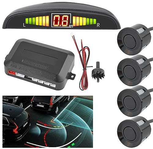 Reverse Backup Sensors Parking Radar System for Cars, 4 Parking Waterproof Detection Sensors LED Distance Display Warning Buzzer Alert Probe System Black