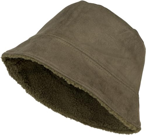 styleBREAKER Unisex Wende Fischerhut in Veloursleder Optik/Teddyfell, Warmer 2 in 1 Wendehut, Bucket Hat Herbst Winter 04025037, Farbe:Oliv