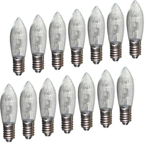 Erzgebirgslicht - AUSWAHL - 14 Stück LED Topkerze 8-55 V 0,1-0,2 W für 4-28 Brennstellen E10 Riffelkerze Ersatzbirne Glühbirne Glühlämpchen für Lichterketten Pyramide Schwibbogen