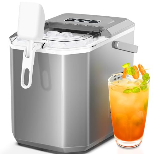 Ice Maker Countertop with Self-Cleaning, 26.5Lbs per Day, 9 Cubes 6~9Mins, Double Handle Portable Ice Maker with 2 Sizes of Bullet Ice/Ice Scoop/Basket for Home/Office/Kitchen/Party, Grey