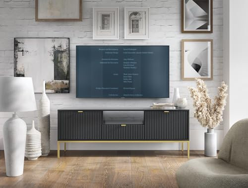 BETTSO - Nova RTV-154 - TV Schrank - Kommode - Mehrzweckschrank - Tv Ständer - mit Schublade 2 Türen - Niedrig, Geriffelt - Wohnzimmer - Modern, Glamour - Schwarz - mit goldenen Griffen
