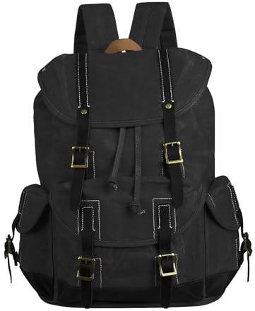 BRASS TACKS Leathercraft HeavyDuty Waxed Canvas Vintage Waterproof Backpack | Travel Rucksack Backpack for Men and Women Trim Casual 15.6 Laptop Bookbag Shoulder Rucksack for Travel School, Black