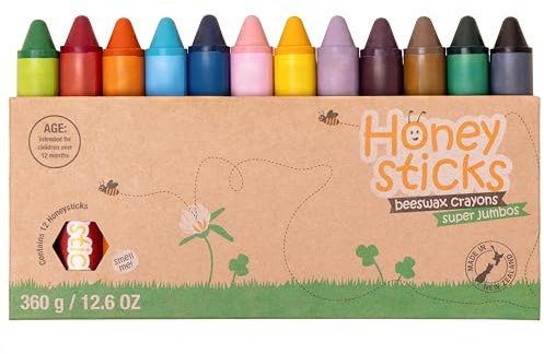 Honeysticks Super Jumbo Crayons (12 Pack) - Non Toxic Crayons for Kids - 100% Pure Beeswax and Food Grade Colours - For Toddlers 1-3, Unbreakable, Extra Large, Easy to Hold and Use, Eco-Friendly