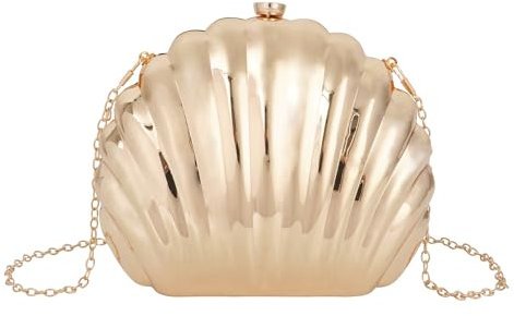MilyaDE Metallisch Muschel Clutch Damen Mini Glänzend Handtasche Geldbörse Schultertasche Umhängetasche mit Ketten, Gold