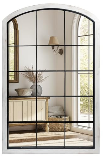 IPOUF Specchio da finestra ad arco, 30 x 48 cm, specchio rustico con cornice in legno, specchio interno in metallo, specchio decorativo per ingresso e soggiorno, bianco