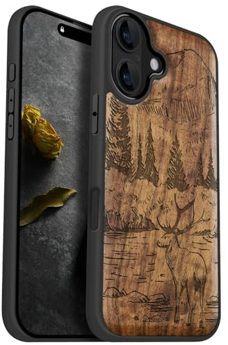 Carveit Holz Hülle für iPhone 16, Nussbaum-Berge und Hirsche | Cover kompatibel MagSafe [Holz und TPU Silikon Hybrid Hull] Magnetisch Case für iPhone 16 Handyhülle