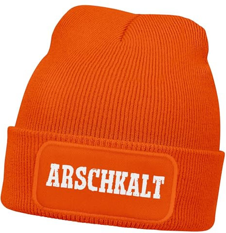 MoonWorks® Herren Beanie mit Patch Arschkalt Statement Strickmütze mit Spruch Aufdruck Lustig Mütze Männer Orange Unisize