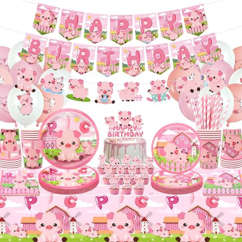 Obussgar Schwein Geburtstag Party Dekorationen - Rosa Schwein Party Zubehör einschließlich Banner, Teller, Cake Topper, Tasse, Serviette, Ballon, Tischdecke - serviert 20 (L)