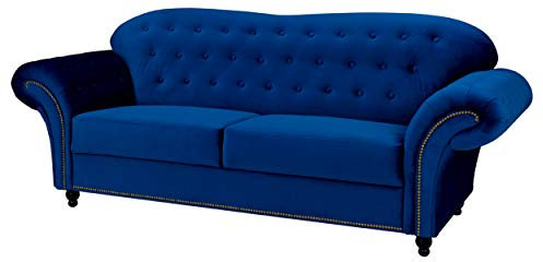 French Velvet Lyon Chesterfield Sofa-Set, 3-Sitzer und 2-Sitzer mit Sessel, Blau, Silber, Grau, Luxus-Wohnzimmermöbel