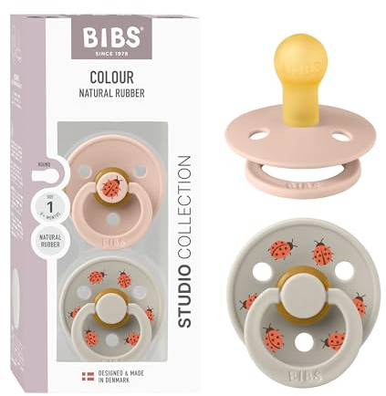 BIBS Colour Studio Schnuller 2er-Pack, BPA-frei, Kirschform Nippel. Naturkautschuk/Latex, Hergestellt in Dänemark, Größe 1 (0-6 Monate), Blush/Sand