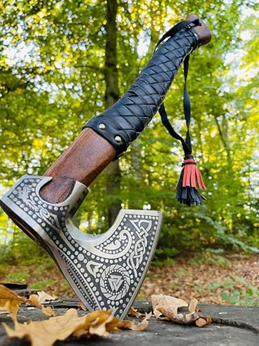 Viking Axe with Leather Sheath | Hand Forged Carbon Steel Camping Axes and Hatchets Viking Gifts for Men | Bearded Vikings Valhalla Axe