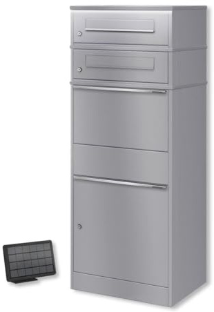 Metzler Paketbox mit Briefkasten und LED-Beleuchtung, abschließbar und wetterfest, Graualuminium RAL 9007, rostfreier Stahl, freistehend, einfache Montage, sichere Postannahme, Outdoor geeignet