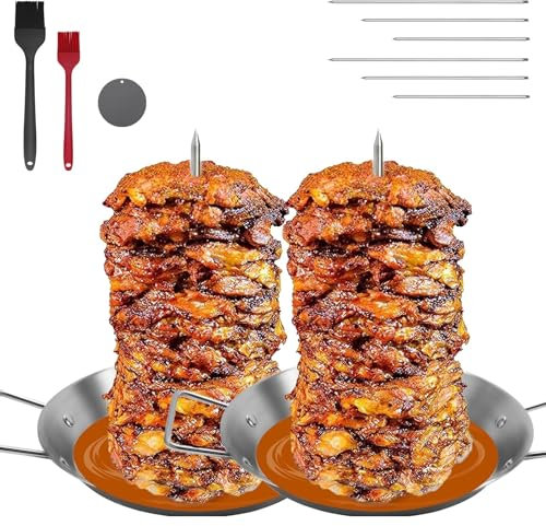 Kebab Plate and Skewer Stand, Stainless Steel Vertical Skewer Kebab Pan with Handle, Gyros Meat Kebabs Spike with 3 Replacement and Oil Bottle Brush Spikes Grill Plate for Whole Chicken Sausage(2pcs,9