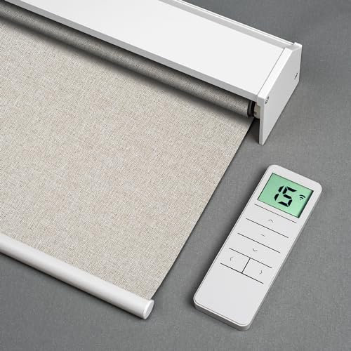 Tokblind Motorized Roller Blind with Remote Control, Blackout Electric Window Blind Compatible with Alexa Google via Hub, Rechargeable Smart Shade for Windows Customized Size (Fabric Beige)