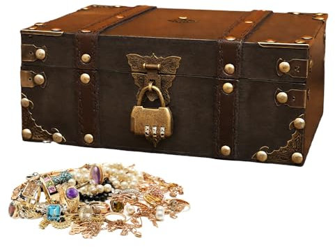XPJBKC Coffre Tresor, 24 x 17 x 9,5 cm Vintage Coffre au Tresor Enfant, Coffre Pirate avec Serrure à Combinaison, Coffre Bois Boîte à Bijoux pour Anniversaires Mariages Décoration de Rangement, Gris
