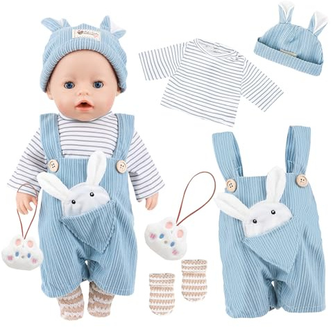 5 Stück Kleidung Outfits für 14-18 Zoll Baby Puppen | 35-45cm Süße Baby Puppenkleidung Blau Hasenoverall+Oberteil+Hasenohrenmütze+Socken+Hasenanhänger Mädchen Geburtstag Geschenk