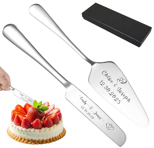 QSZ Personalised Wedding Cake Cutter Set Engraved Cake Knife with Names Icon Text for Weddings Birthday Anniversaries (Cake Cutter)
