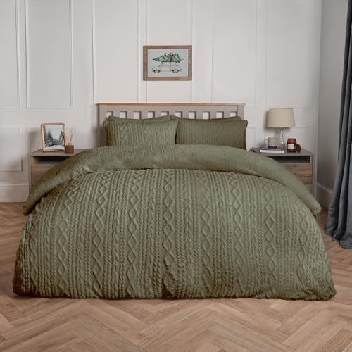 OHS Double Fleece Duvet Set, Ultra Soft Warm Fleece Fabric Luxurious Cable Knit Design Winter Double Duvet Cover Set with 2 Matching Pillowcases, Woodland Green
